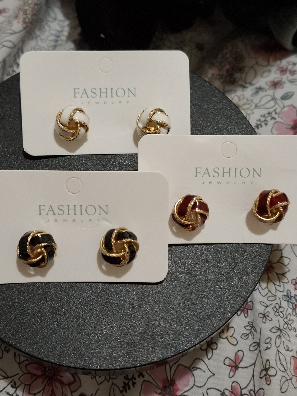 Fashion Jewelry Gold-Trim Knot Stud Earrings in White, Black, and Red